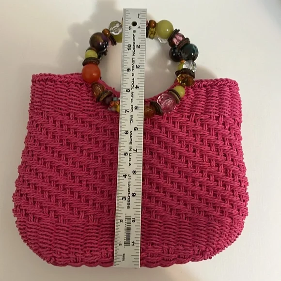Cappelli Mini Handbag Purse Hot Pink Beaded Handle Woven Straw Summer Fun Small - Picture 11 of 16